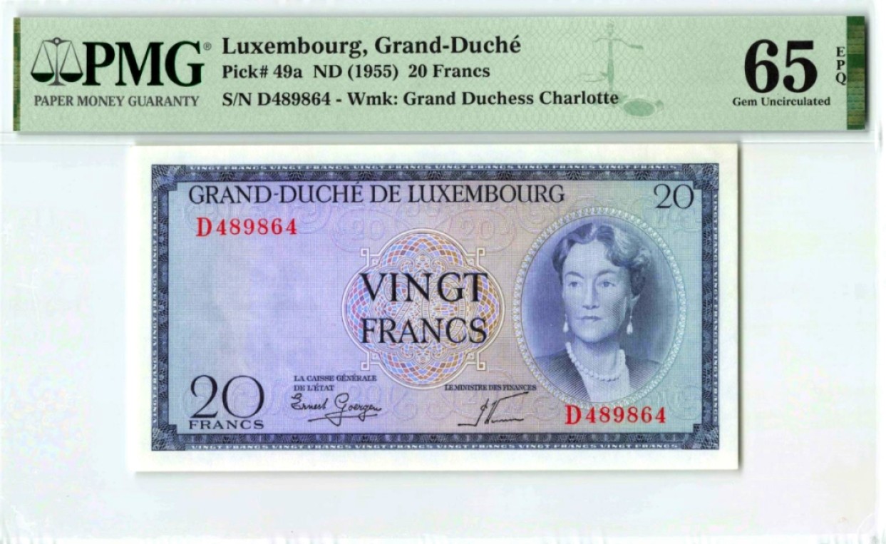 【Blue Auction】✨世界纸币精拍第183期——飞龙在天（共80拍） 【背面风景唯美】卢森堡 1955年20法郎 PMG65EPQ 女大公 非常漂亮