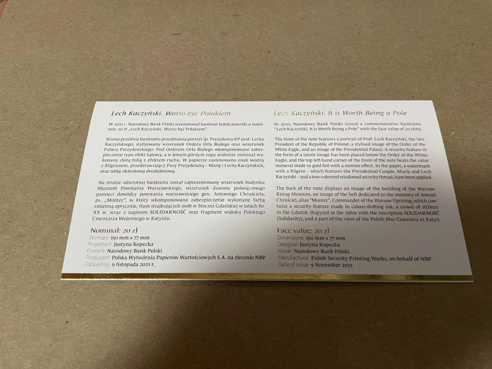 【Blue Auction】✨世界纸币精拍第183期——飞龙在天（共80拍） 【原装带册】波兰 2021年20扎罗提 前总统卡钦斯基纪念钞 全新UNC