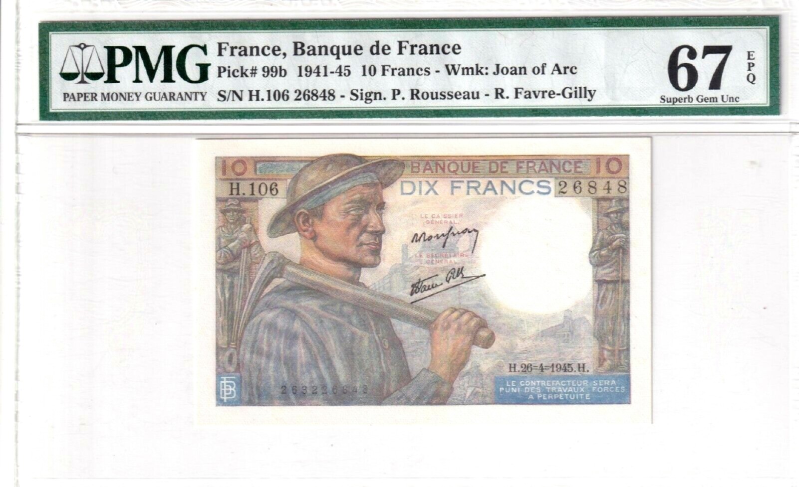 【Blue Auction】✨世界纸币精拍第183期——飞龙在天（共80拍） 【冠军分】法国 1941-45年10法郎 PMG67EPQ 高分 