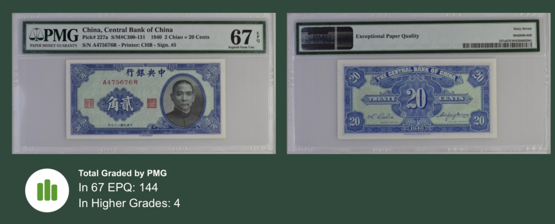 收藏联盟第161期 民国钞专场 中央银行 民国29年2角 PMG67e分 亚军分