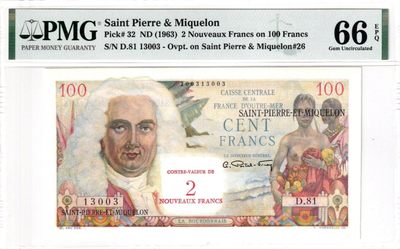 【Blue Auction】✨世界纸币精拍第183期——飞龙在天（共80拍） - 【13003靓号无47】圣皮埃尔和密克隆 1963年2新法郎 裸女 PMG66EPQ 