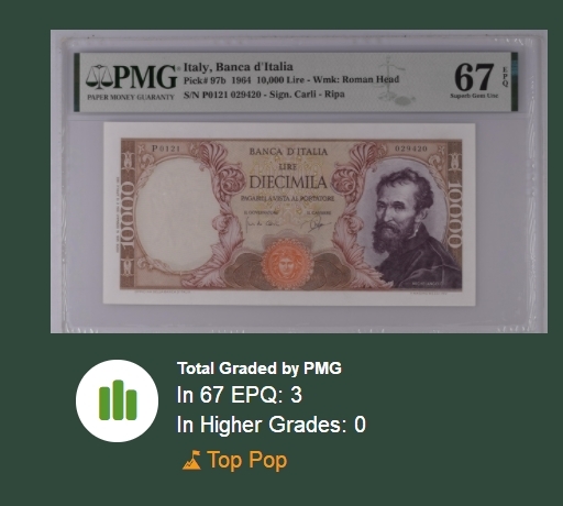 【Blue Auction】✨世界纸币精拍第183期——飞龙在天（共80拍） 【冠军分 仅3张】意大利 1964年10000里拉 早期b版 PMG67EPQ 米开朗基罗 