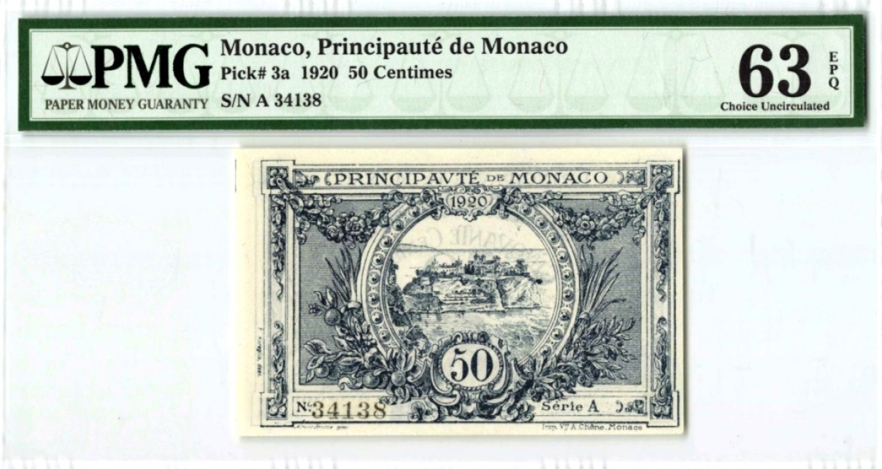 【Blue Auction】✨世界纸币精拍第183期——飞龙在天（共80拍） 【该国纸币少见 百年前实钞 p3a】摩纳哥 1920年50分A冠 PMG63EPQ 全新原票 设计精美 