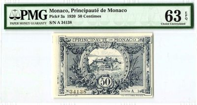 【Blue Auction】✨世界纸币精拍第183期——飞龙在天（共80拍） - 【该国纸币少见 百年前实钞 p3a】摩纳哥 1920年50分A冠 PMG63EPQ 全新原票 设计精美 