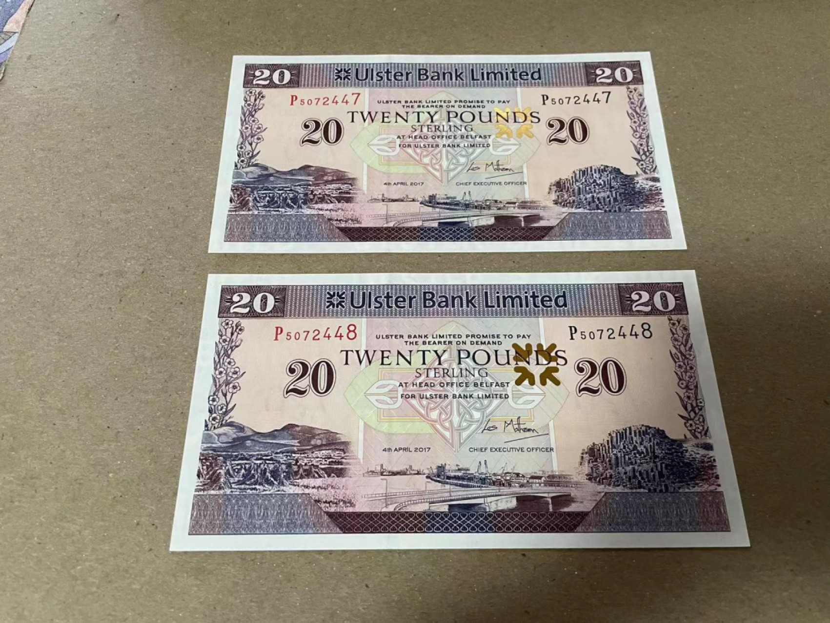 【Blue Auction】✨世界纸币精拍第183期——飞龙在天（共80拍） 【一组2张连号】北爱尔兰 2017年20镑 全新UNC