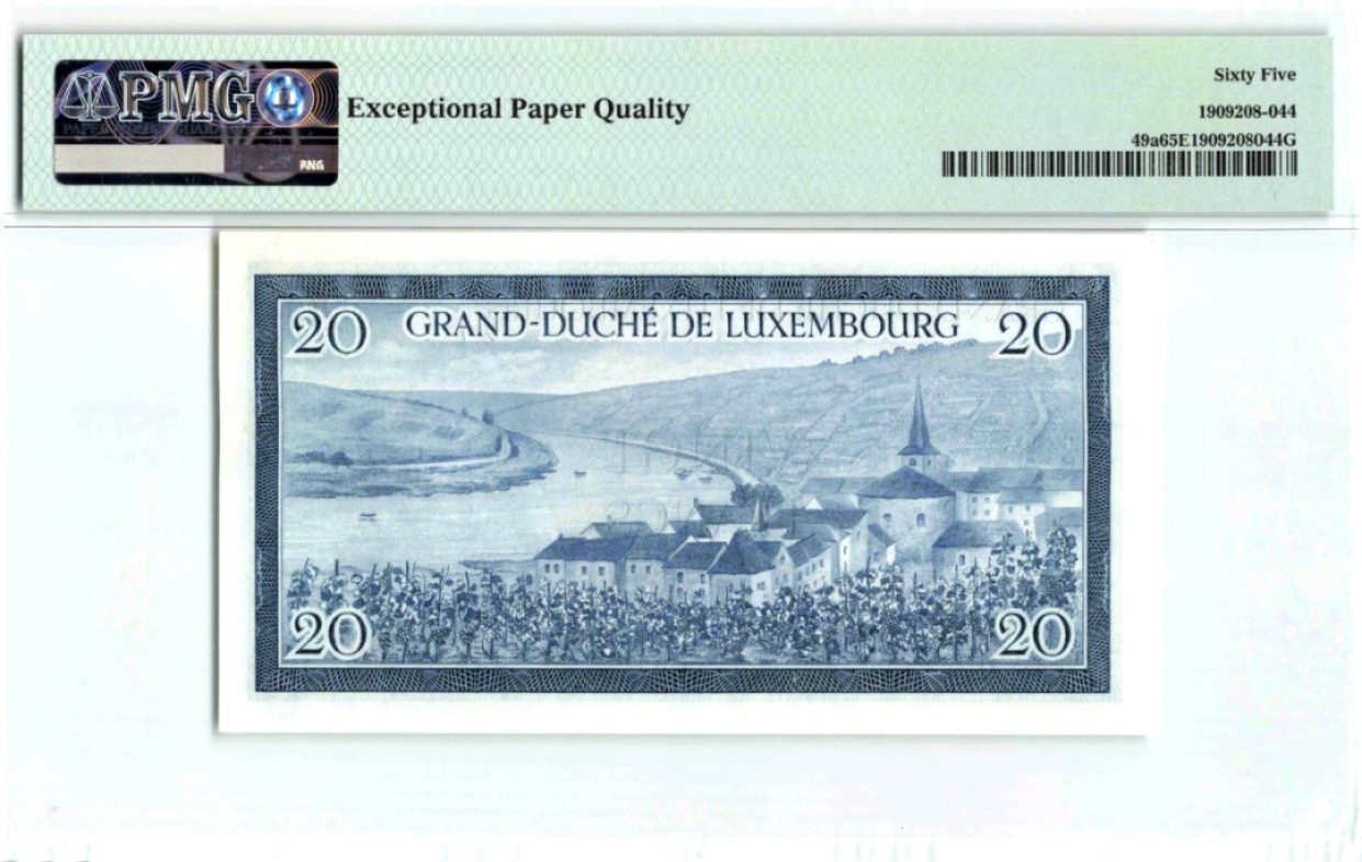 【Blue Auction】✨世界纸币精拍第183期——飞龙在天（共80拍） 【背面风景唯美】卢森堡 1955年20法郎 PMG65EPQ 女大公 非常漂亮