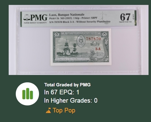 【Blue Auction】✨世界纸币精拍第183期——飞龙在天（共80拍） 【唯一冠军分 高分罕见 该国第一张纸币】老挝 1957年1基普 PMG67EPQ p1b 精美
