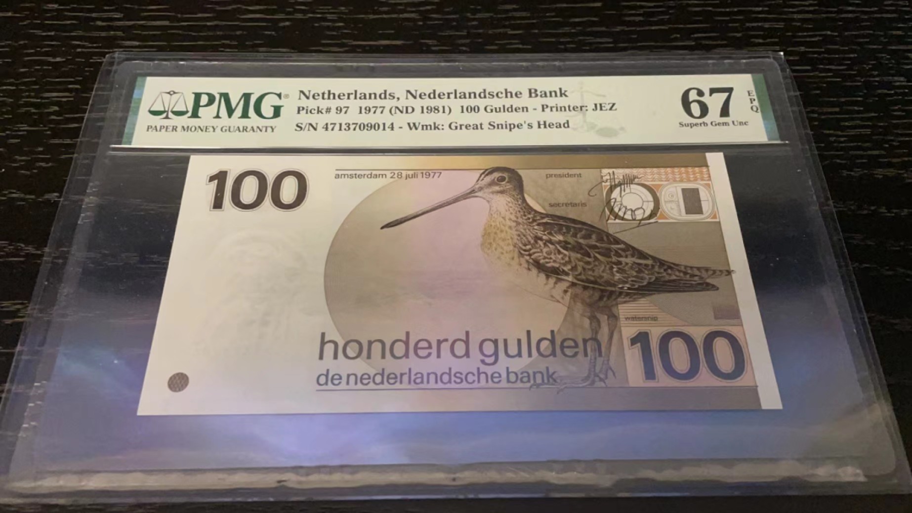 【Blue Auction】✨世界纸币精拍第183期——飞龙在天（共80拍） 荷兰 1977年100盾 PMG67EPQ 经典水鸟