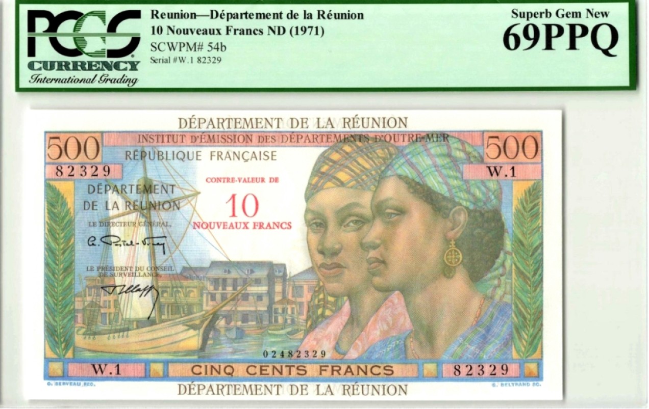 【Blue Auction】✨世界纸币精拍第183期——飞龙在天（共80拍） 【唯一冠军分 罕见】留尼旺 1971年10新法郎 PCGS绝版绿标69EPQ 难碰 色彩艳丽 非常精美