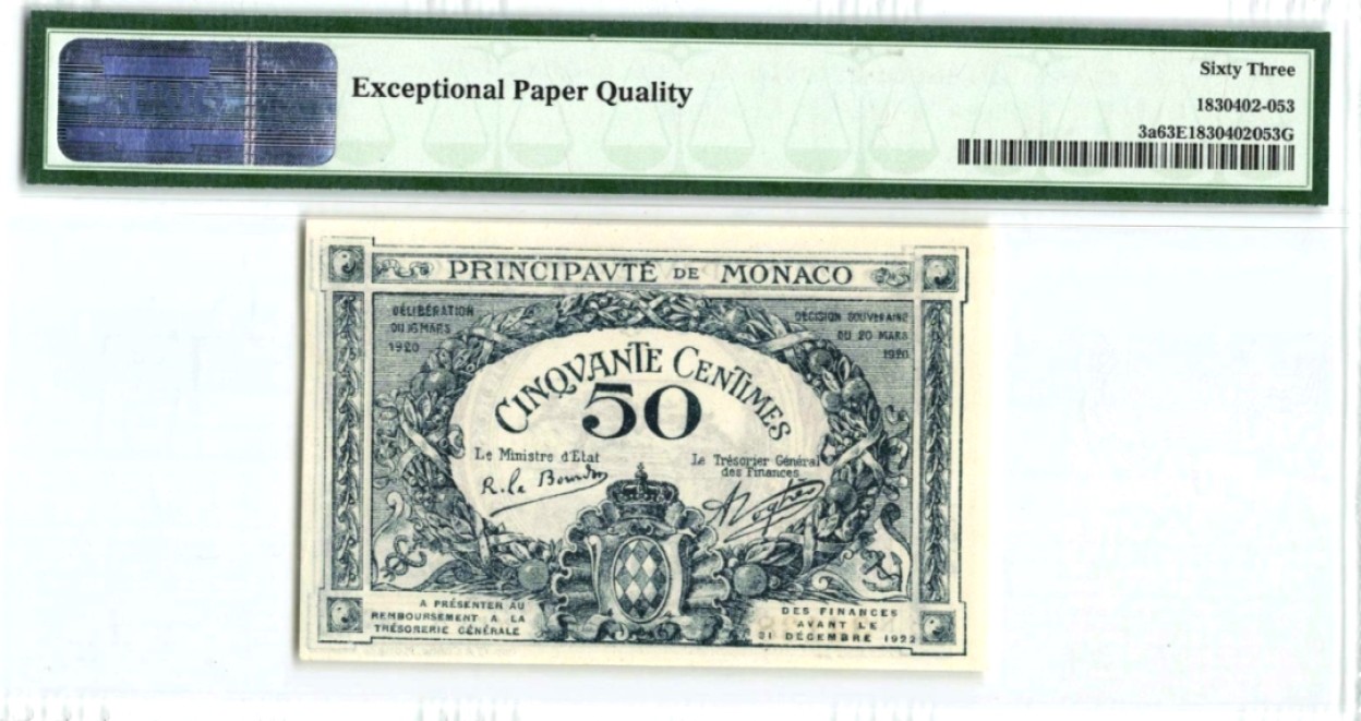【Blue Auction】✨世界纸币精拍第183期——飞龙在天（共80拍） 【该国纸币少见 百年前实钞 p3a】摩纳哥 1920年50分A冠 PMG63EPQ 全新原票 设计精美 