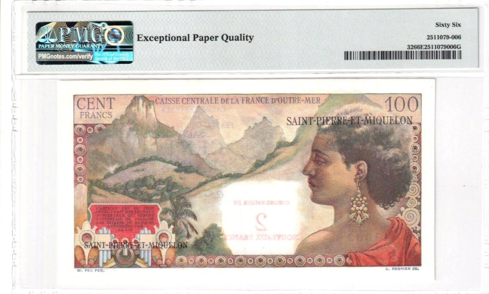 【Blue Auction】✨世界纸币精拍第183期——飞龙在天（共80拍） 【13003靓号无47】圣皮埃尔和密克隆 1963年2新法郎 裸女 PMG66EPQ 