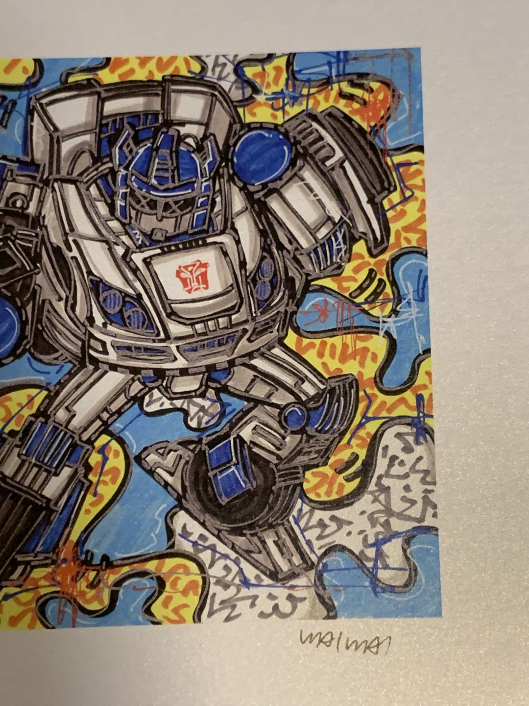 零元拍：歪歪亲笔签名 OWSON系列限量插画复制画《变形金刚系列：爵士》，尺寸约22/22厘米，拍品不含镜框