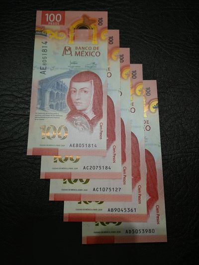 《外钞收藏家》第一百七十八期拍卖 - 2020年墨西哥100 五张一起 全新UNC