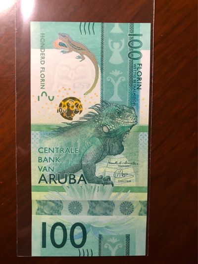 🔥🐯甜小邱世界纸币收藏《第28期》🐯🔥 - 全新UNC 阿鲁巴100弗洛林 2019年版 全程无47靓号 获奖钞