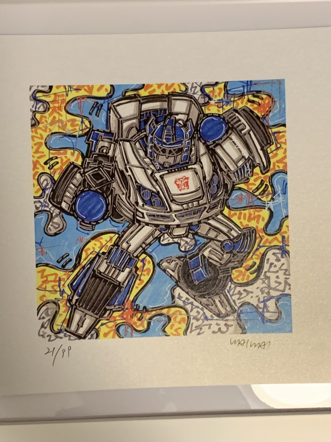 零元拍：歪歪亲笔签名 OWSON系列限量插画复制画《变形金刚系列：爵士》，尺寸约22/22厘米，拍品不含镜框