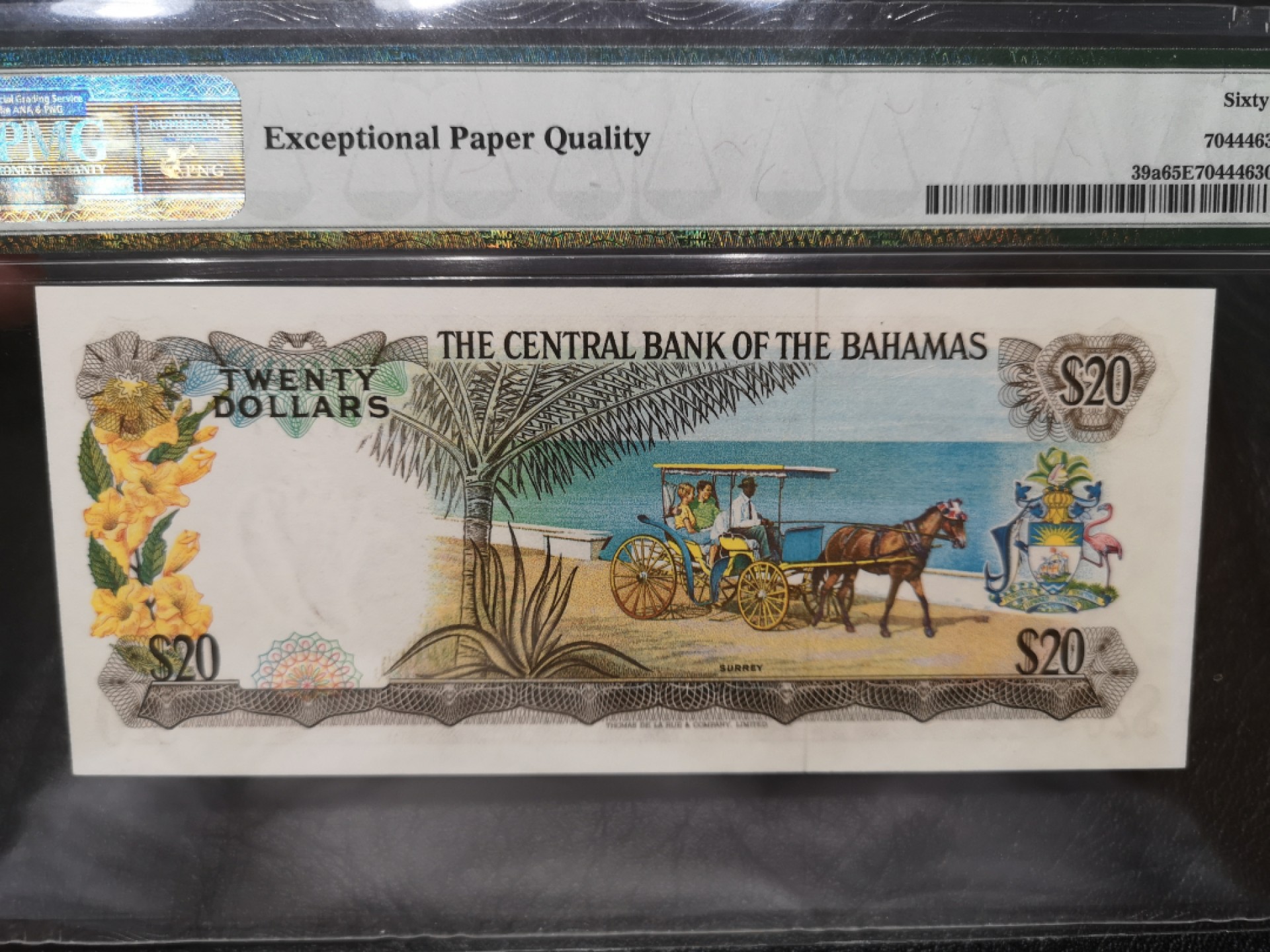 《外钞收藏家》第一百七十八期拍卖 1974年巴哈马20刀 PMG65 彩背 稀少