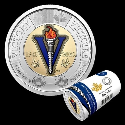 【海寕潮】拍卖第107期 - 【海寧潮】加拿大2020年二战胜利75周年双金属彩色纪念币整卷，面值50加元，卷纸有破损