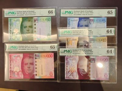 【Blue Auction】✨世界纸币精拍第184期——尼日尔河上的晚霞（共81拍） - 【一组5张 AA全同50号超小号】苏格兰 2007年5～100镑 PMG评级全套 少见