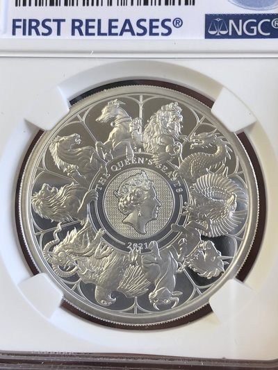 【海寧潮】英国2021年神兽十合一1盎司精制银币NGC-PF69首期，原盒证书，999银，直径38.61毫米，发行7100枚