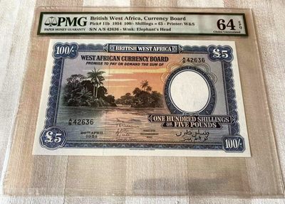 【Blue Auction】✨世界纸币精拍第184期——尼日尔河上的晚霞（共81拍） - 【大珍】英属西非 1954年100先令=5镑 PMG64EPQ 全新原票 最高值 名贵品种