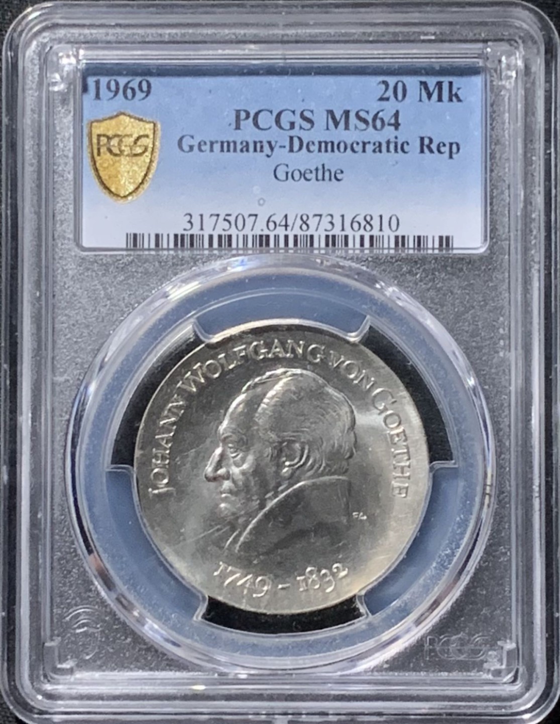 紫瑗钱币——第190期拍卖 民主德国 1969年 约翰·沃尔夫冈·冯·歌德诞辰220周年 20马克 银币 PCGS MS64