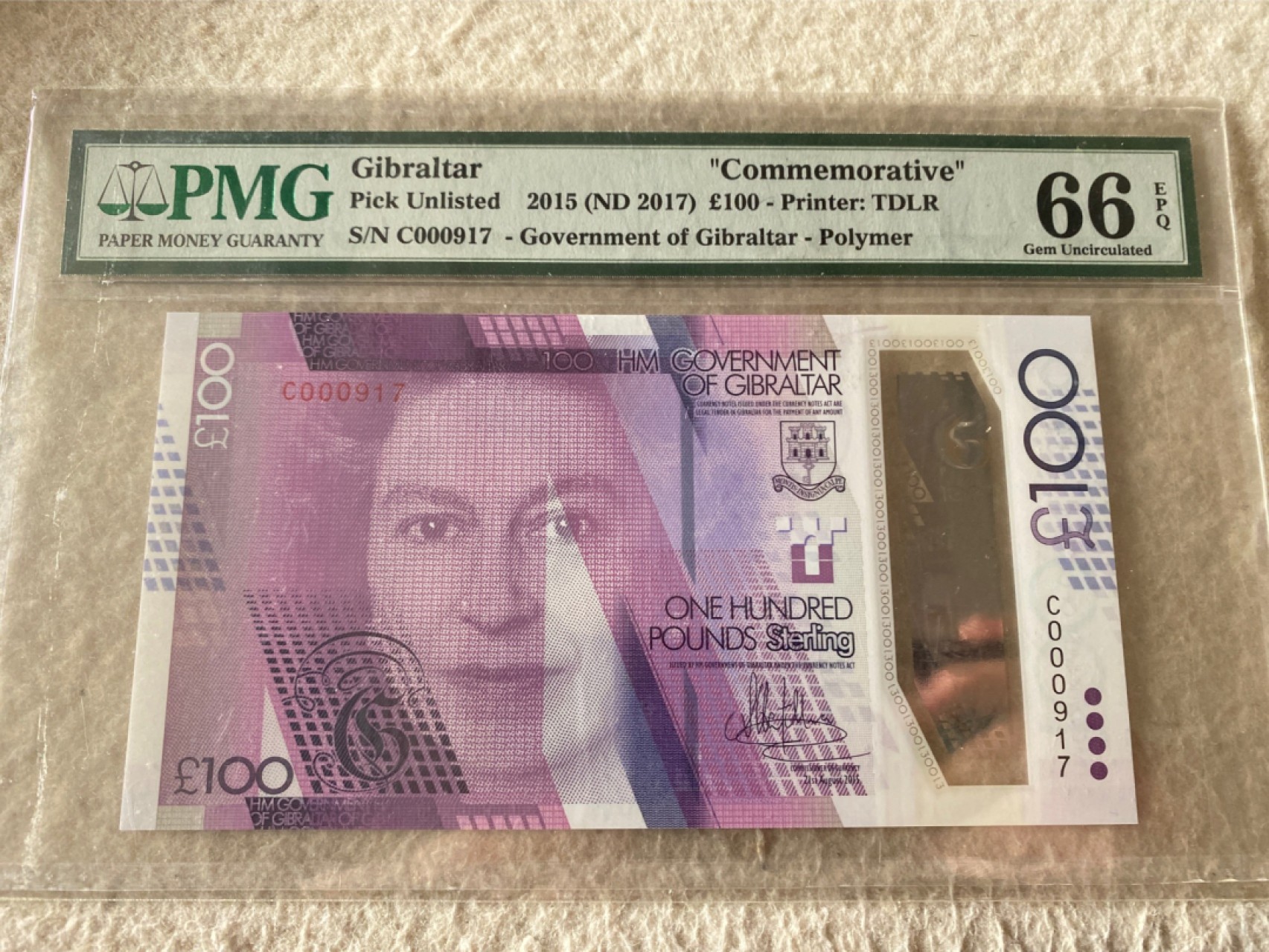 收藏联盟第163期拍卖 外国钞场 今晚七点不见不散 2015年直布罗陀首席部长100镑纪念钞 百位号 PMG67E