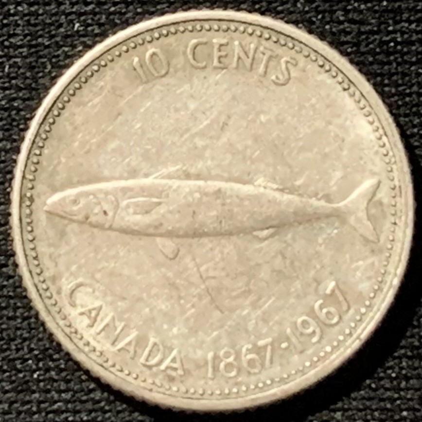 紫瑗钱币——第190期拍卖 加拿大 1967年 伊丽莎白二世 建国100周年 鱼 10分 2.33克 0.8银