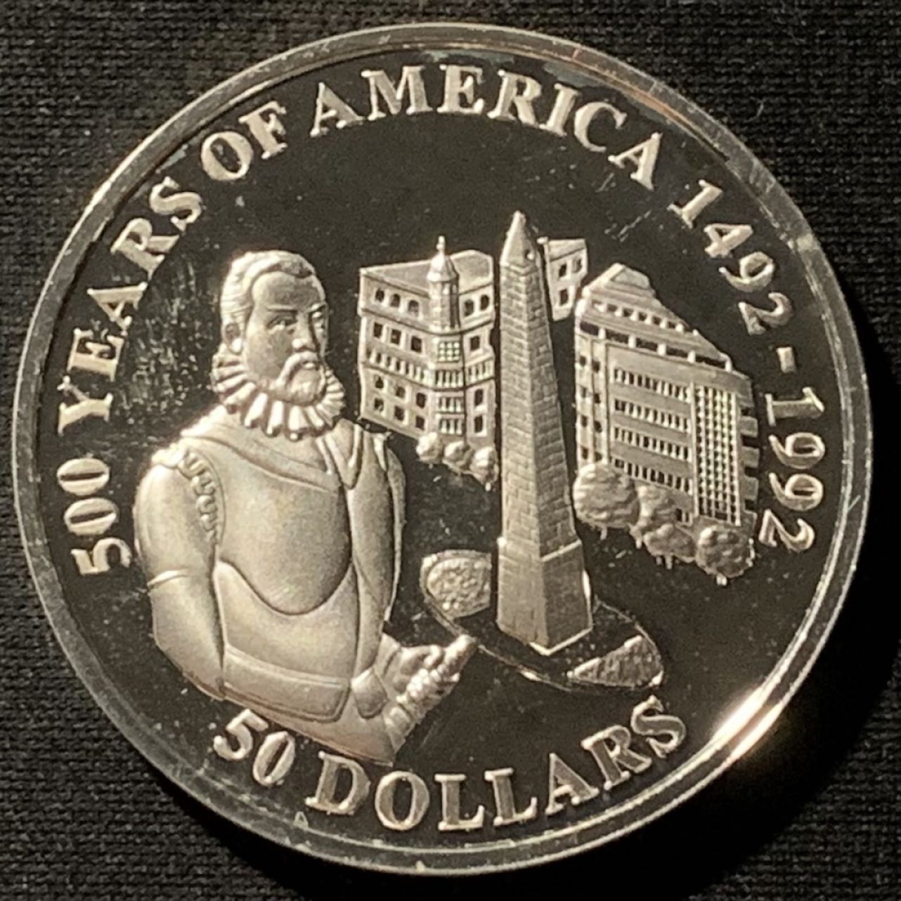 紫瑗钱币——第190期拍卖 库克群岛 1992年 发现美洲500周年 佩德罗·德门多萨 50元 31.35克 0.925银 精制