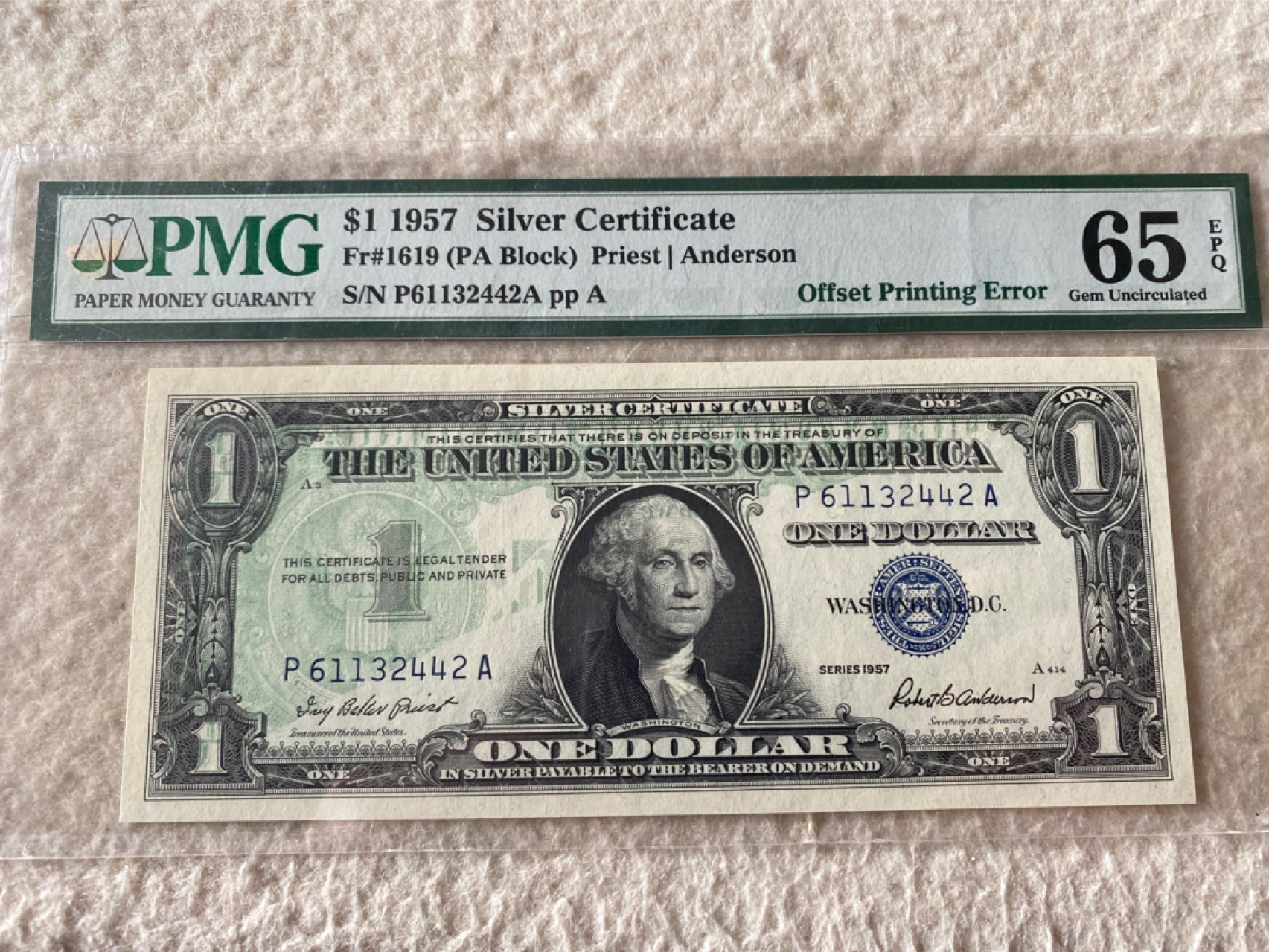 收藏联盟第163期拍卖 外国钞场 今晚七点不见不散 1957年美国1元银元券 背面漏印于正面错钞 PMG65E