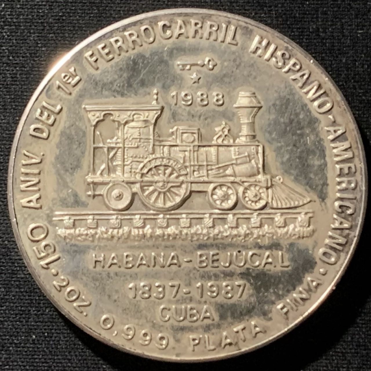 紫瑗钱币——第190期拍卖 古巴 1987年 古巴第一条铁路150周年 20比索 62.2克 0.999银 精制
