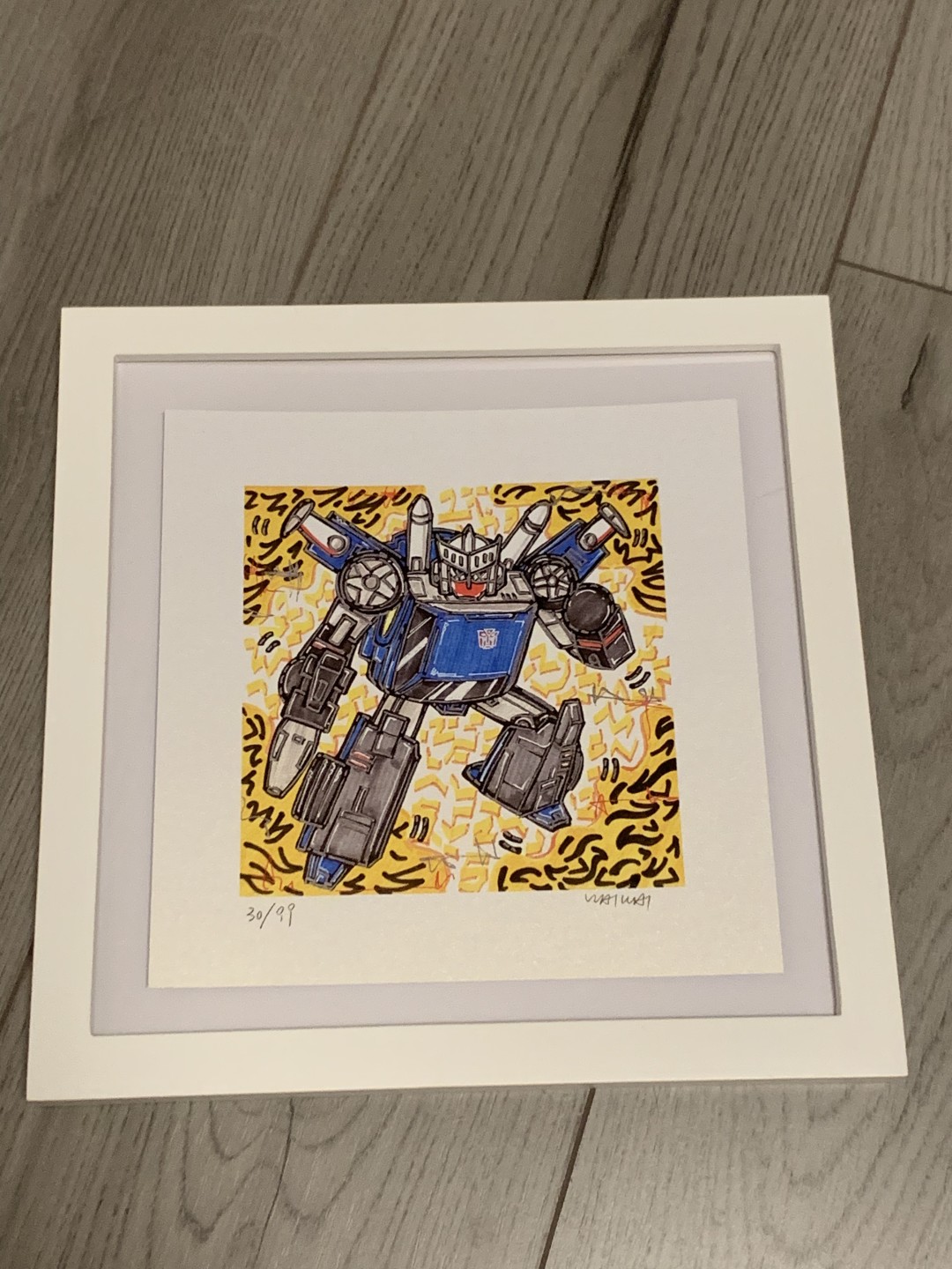 零元拍：歪歪亲笔签名 OWSON系列限量插画复制画《变形金刚系列：轮胎》，尺寸约22/22厘米，拍品不含镜框