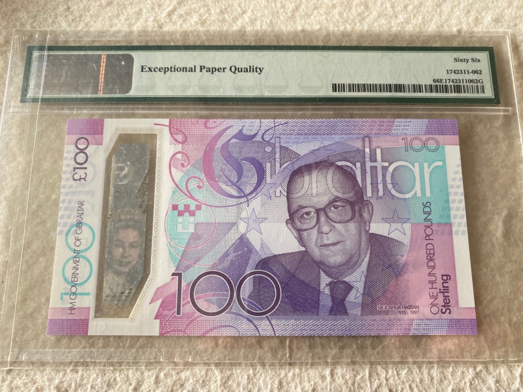 收藏联盟第163期拍卖 外国钞场 今晚七点不见不散 2015年直布罗陀首席部长100镑纪念钞 百位号 PMG67E