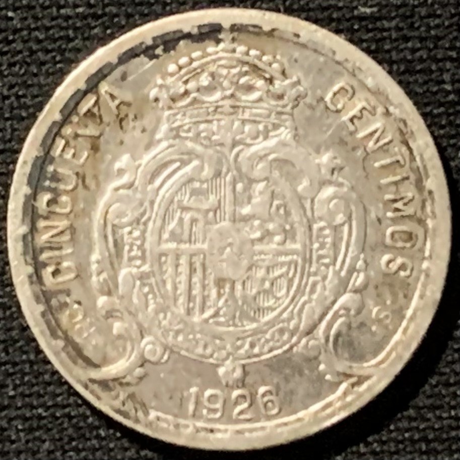 紫瑗钱币——第190期拍卖 西班牙 1926年 阿方索十三世 50分 2.5克 0.835银