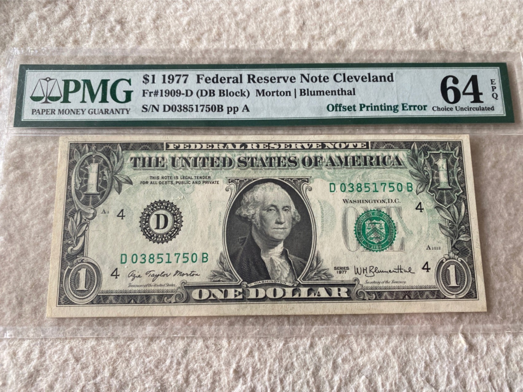 收藏联盟第163期拍卖 外国钞场 今晚七点不见不散 1977年美国1元 背面漏印于正面错钞 PMG64E