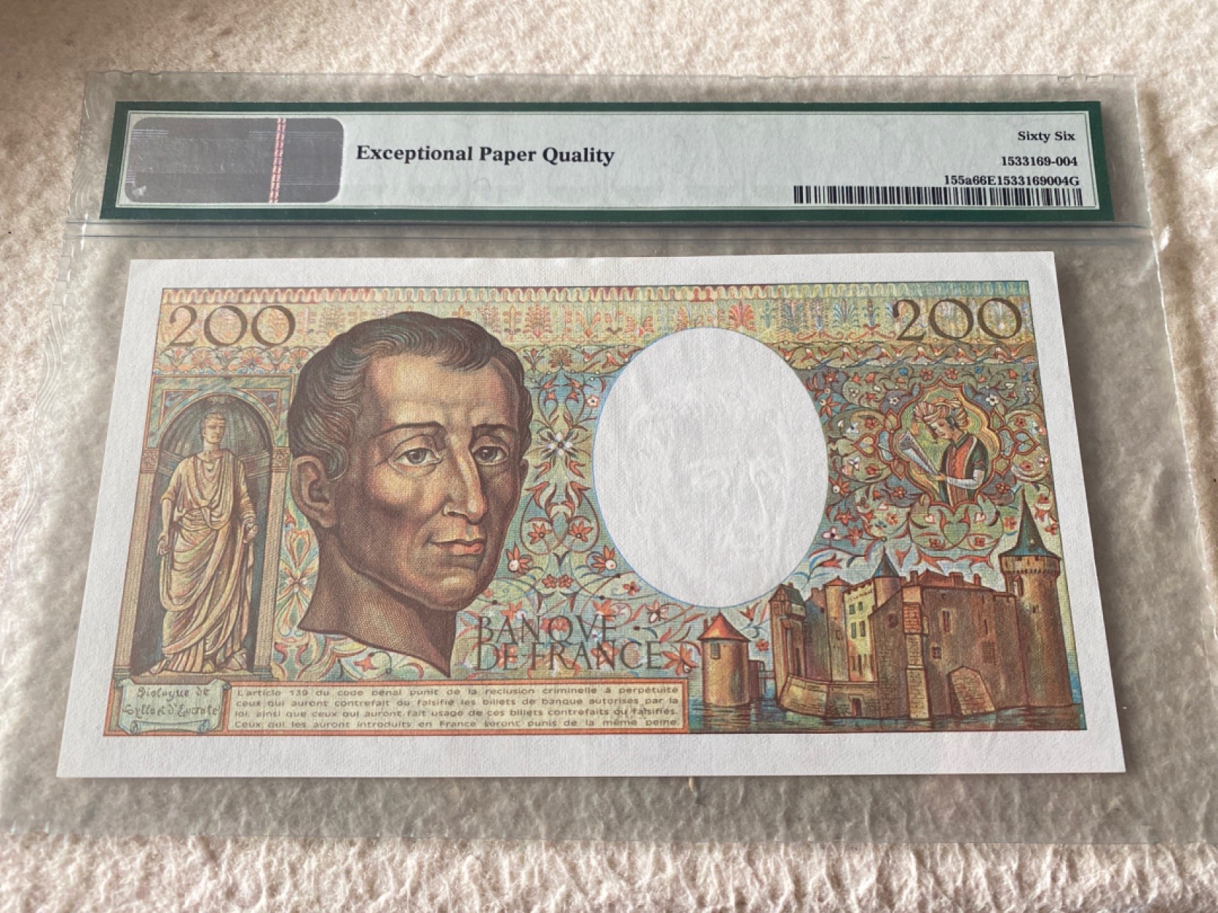 收藏联盟第163期拍卖 外国钞场 今晚七点不见不散 法国初版200法郎孟德斯鸠 PMG66E
