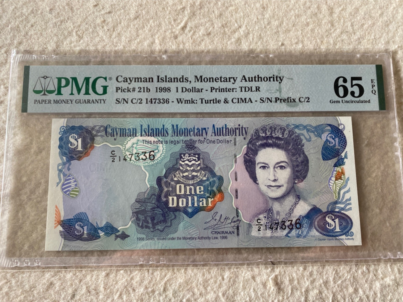 收藏联盟第163期拍卖 外国钞场 今晚七点不见不散 1998年英属开曼群岛1元 PMG65E