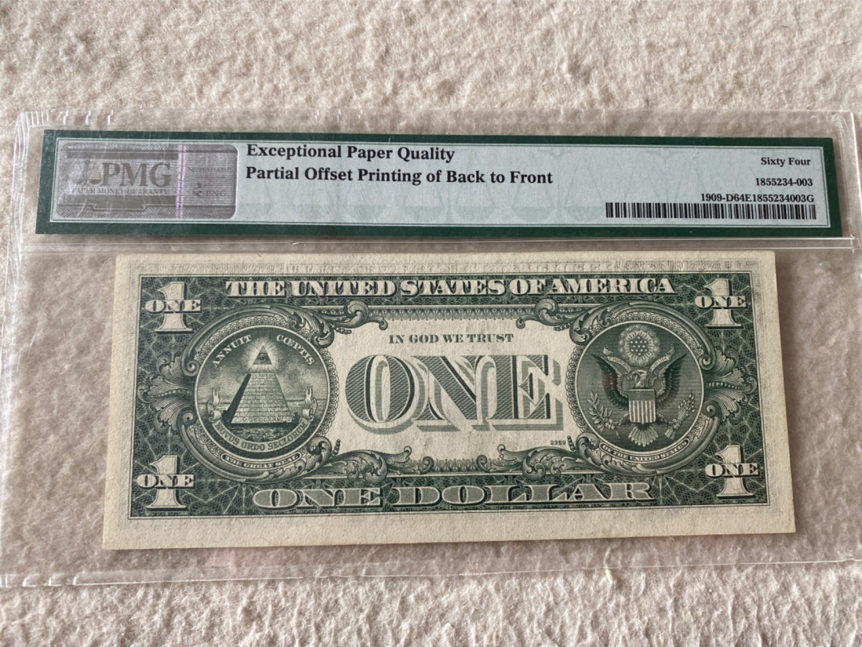 收藏联盟第163期拍卖 外国钞场 今晚七点不见不散 1977年美国1元 背面漏印于正面错钞 PMG64E