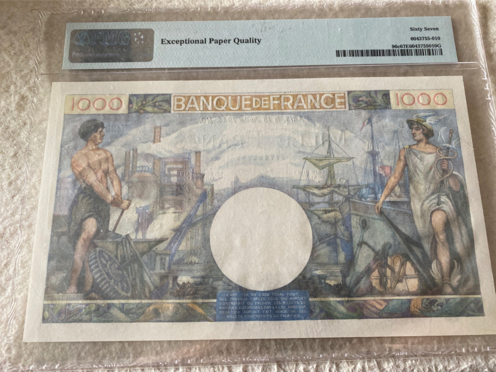 收藏联盟第163期拍卖 外国钞场 今晚七点不见不散 1944年法国1000法郎大票幅 PMG67E