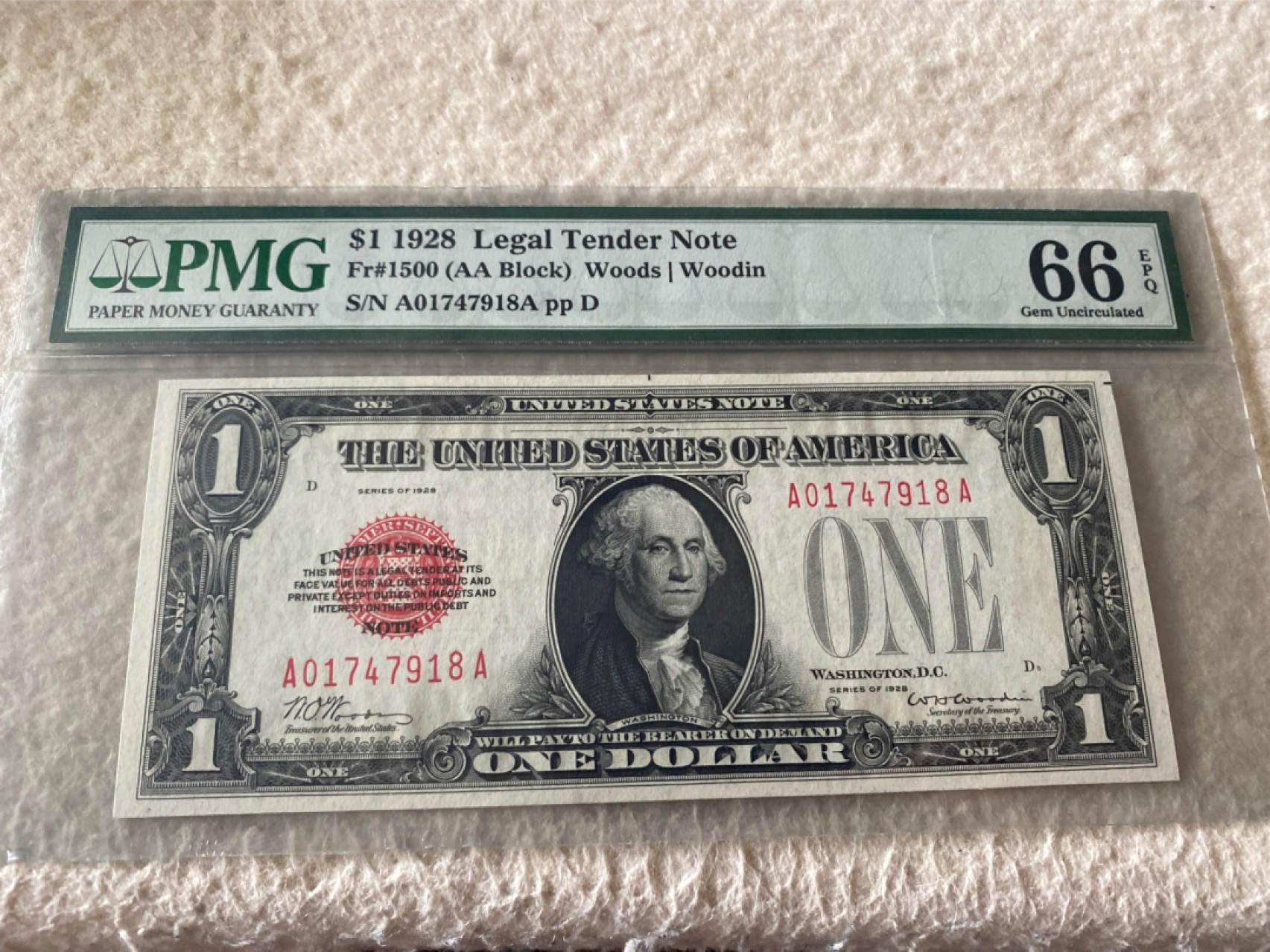 收藏联盟第163期拍卖 外国钞场 今晚七点不见不散 1928年美国红库印1元 PMG66E