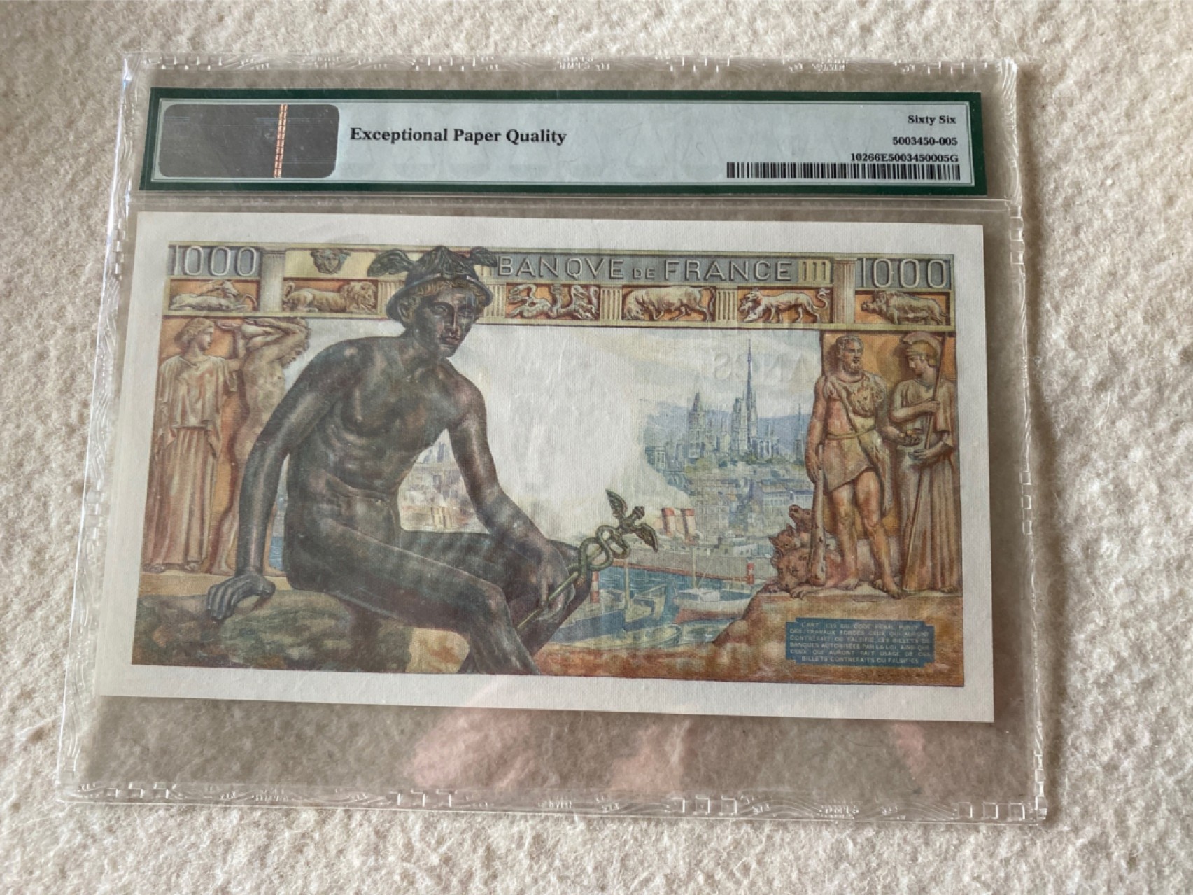 收藏联盟第163期拍卖 外国钞场 今晚七点不见不散 1942年法国1000法郎 大票幅 母与子 PMG66E