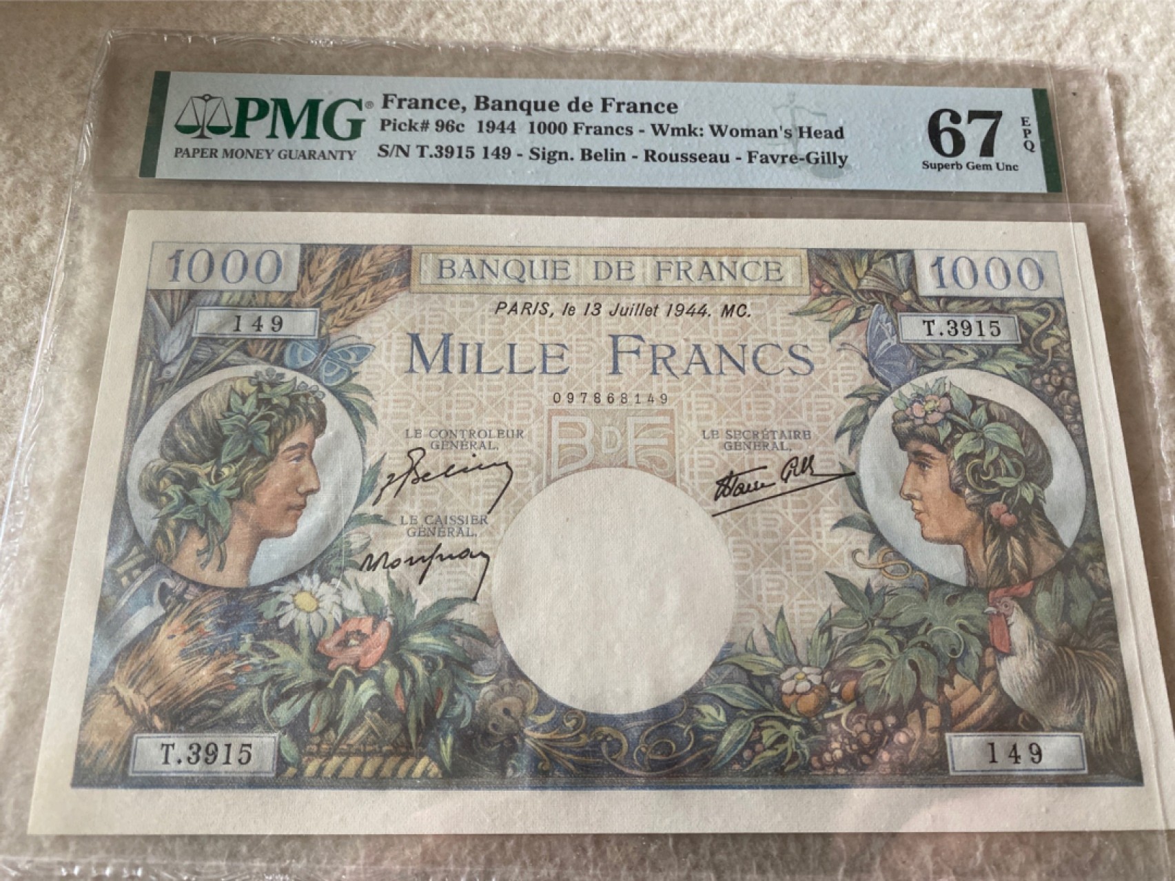 收藏联盟第163期拍卖 外国钞场 今晚七点不见不散 1944年法国1000法郎大票幅 PMG67E