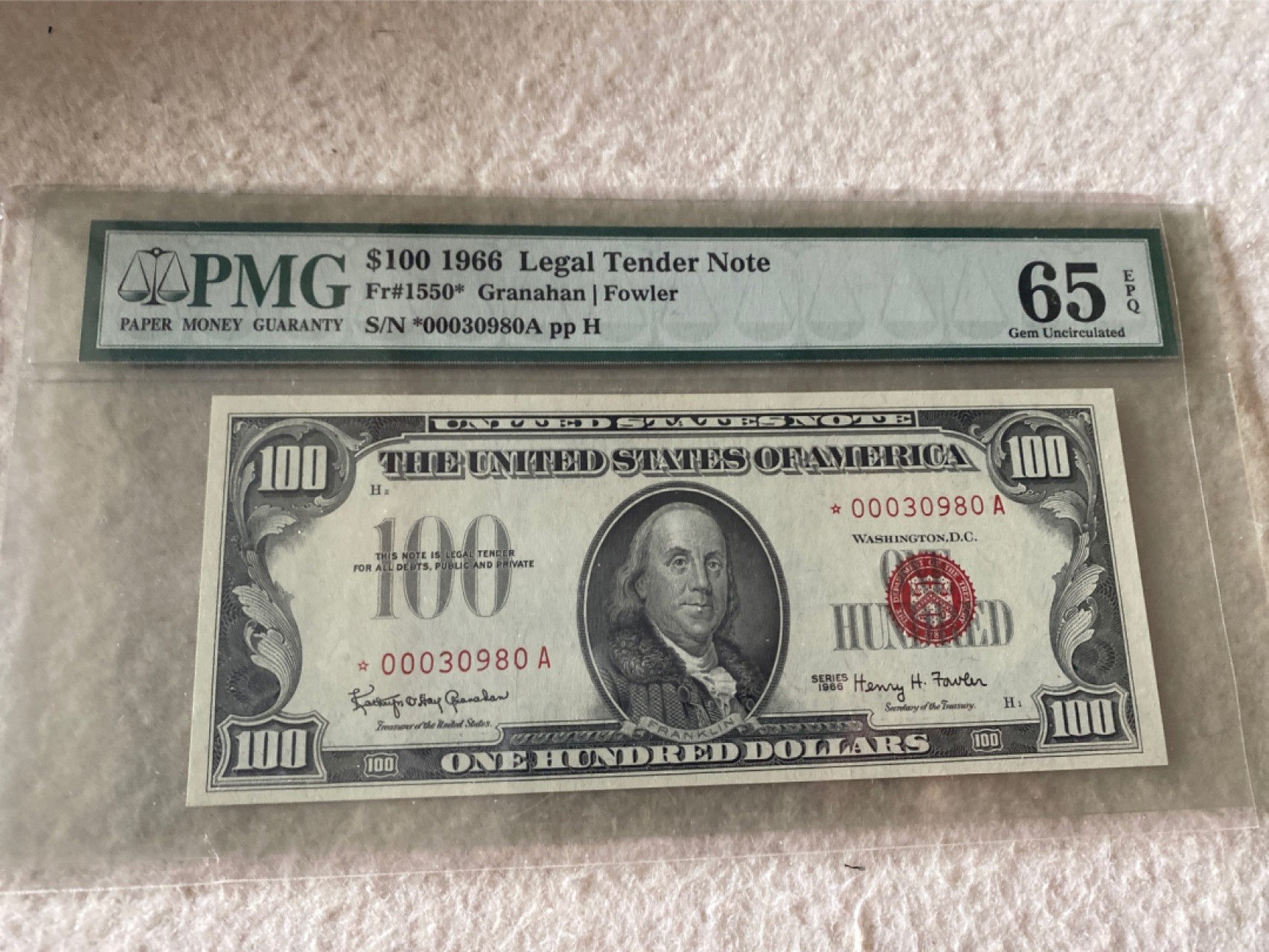 收藏联盟第163期拍卖 外国钞场 今晚七点不见不散 1966年美国100美元红库印 星补号 PMG65E