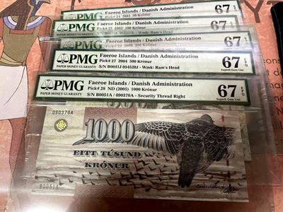 【Blue Auction】✨世界纸币精拍第185期【精】（共65拍） - 【一组5张全套初版 细金属线】法罗群岛 2001-2005年50-1000克朗 PMG67EPQ 意境