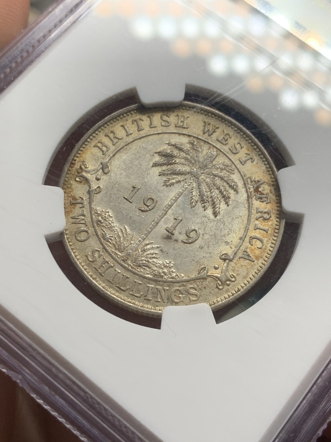 《竞宝斋》第59场-本周日，周一2场连拍（全场不限金额包邮） NGC MS61 1919年英属西非2先令银币 少见品种，喜敦版，黄油包浆