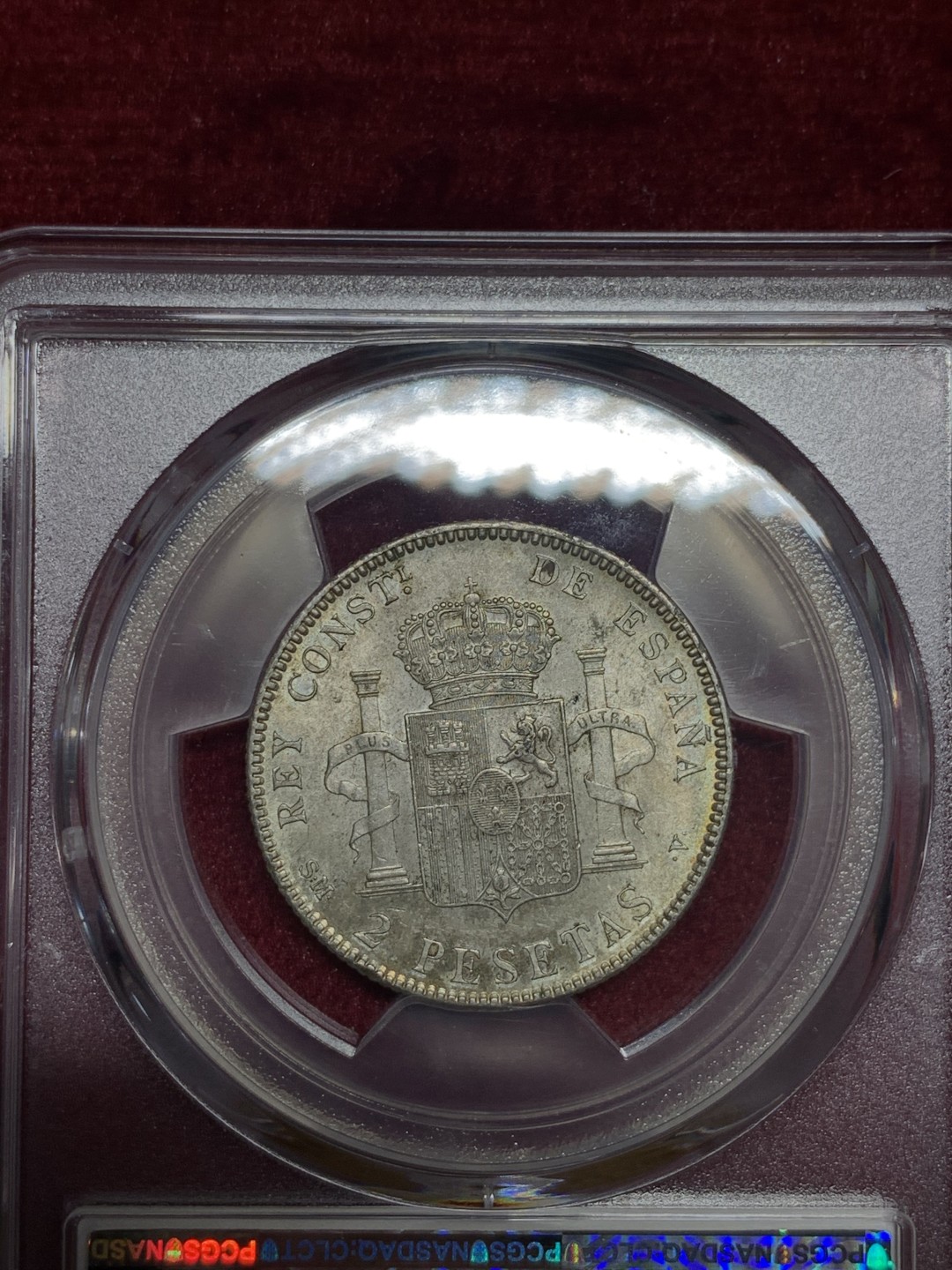 《竞宝斋》第59场-本周日，周一2场连拍（全场不限金额包邮） PCGS-MS62  十字彩光  西班牙 1905年 阿方索十三世 2比塞塔 银币