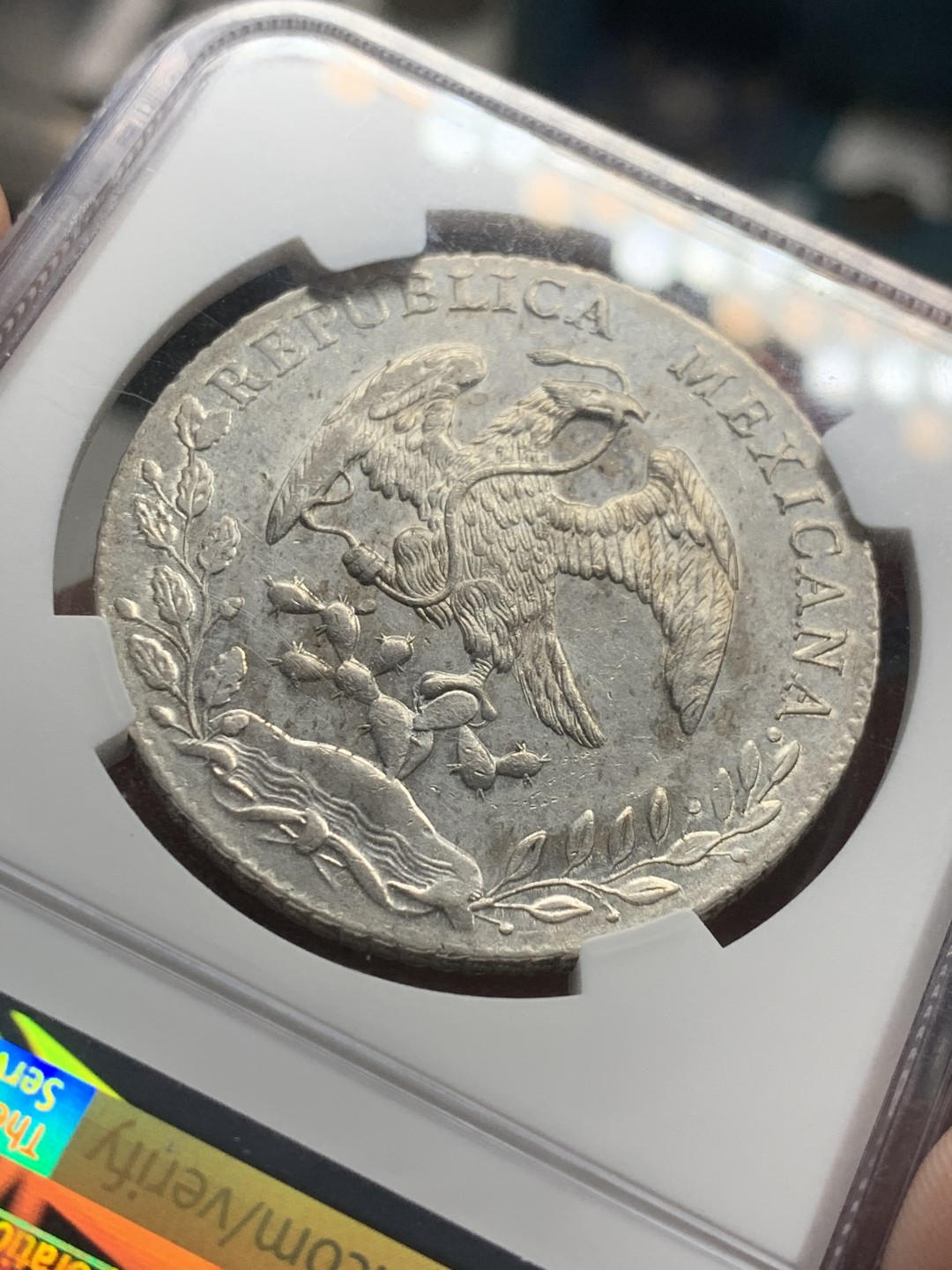 《竞宝斋》第59场-本周日，周一2场连拍（全场不限金额包邮） NGC-UNCD 墨西哥 1887年 8瑞尔 花边鹰洋 无戳好品！