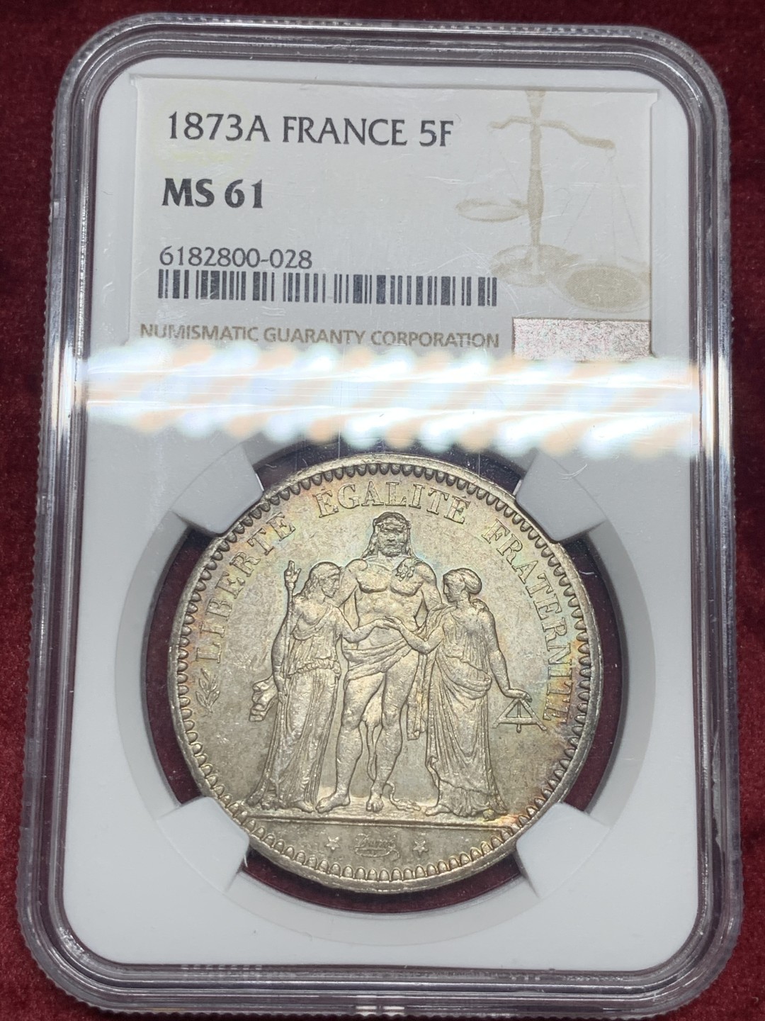 《竞宝斋》第59场-本周日，周一2场连拍（全场不限金额包邮） NGC MS61 法国 1873年 大力神5法郎 银币 状态，底板都非常好 正面鼻尖可见，背面炫五彩