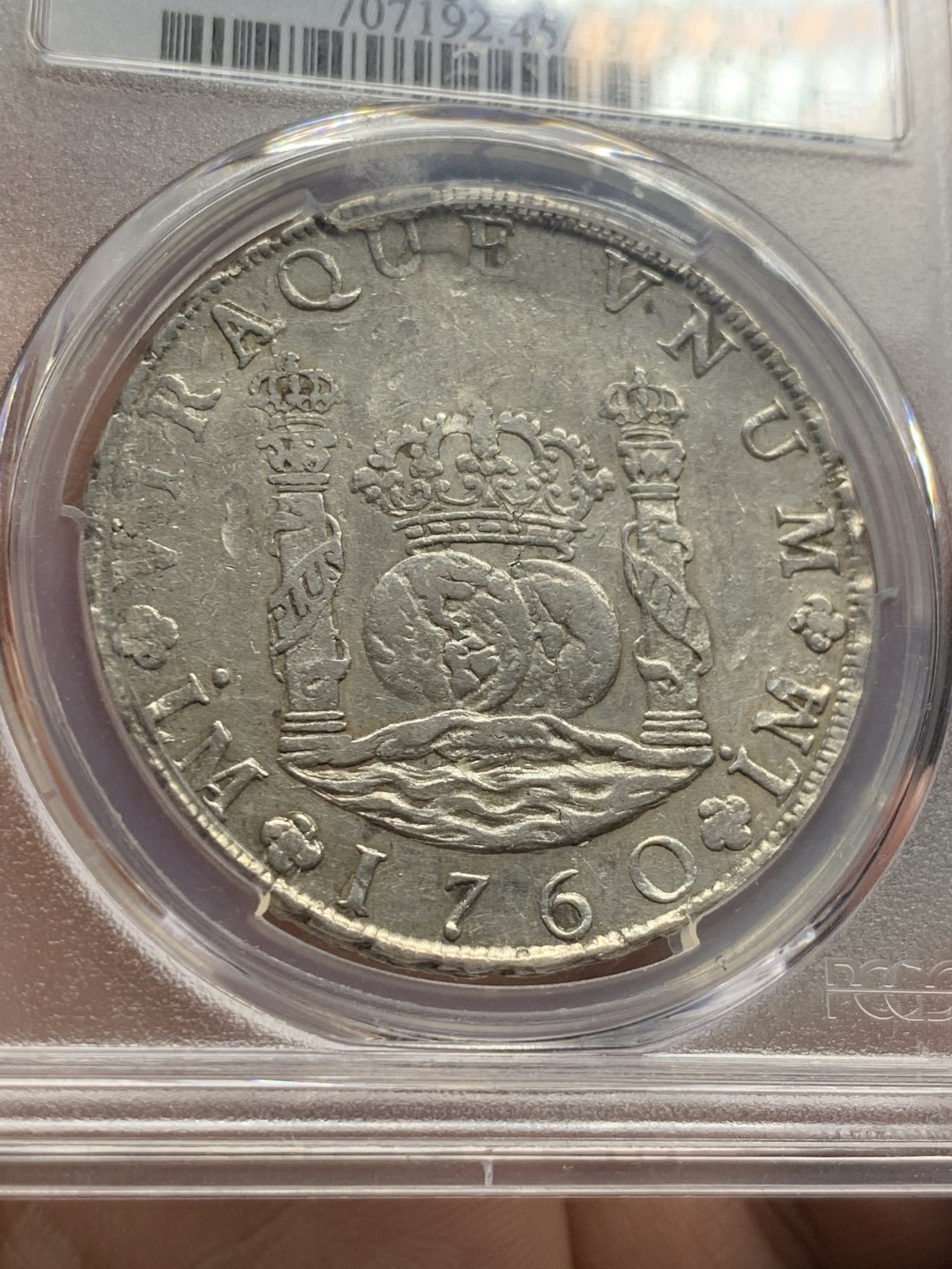 《竞宝斋》第59场-本周日，周一2场连拍（全场不限金额包邮） PCGS XF45 1760年秘鲁费迪南六世地球双柱 名家旧藏，费六末年，周正深打，热门秘鲁版