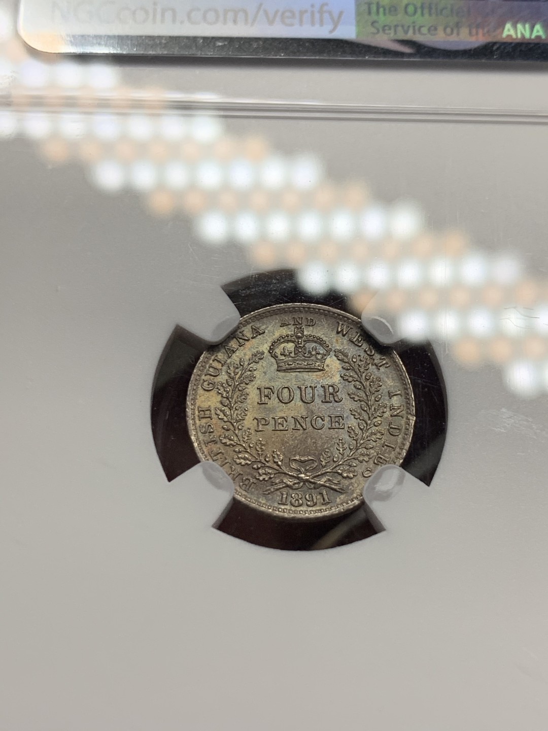 《竞宝斋》第59场-本周日，周一2场连拍（全场不限金额包邮） NGC MS64 英属圭亚那及西印度 维多利亚女皇 1891年 4便士银币 双面均匀五彩包浆美品 同分品种在2014年HA成交价为123美元