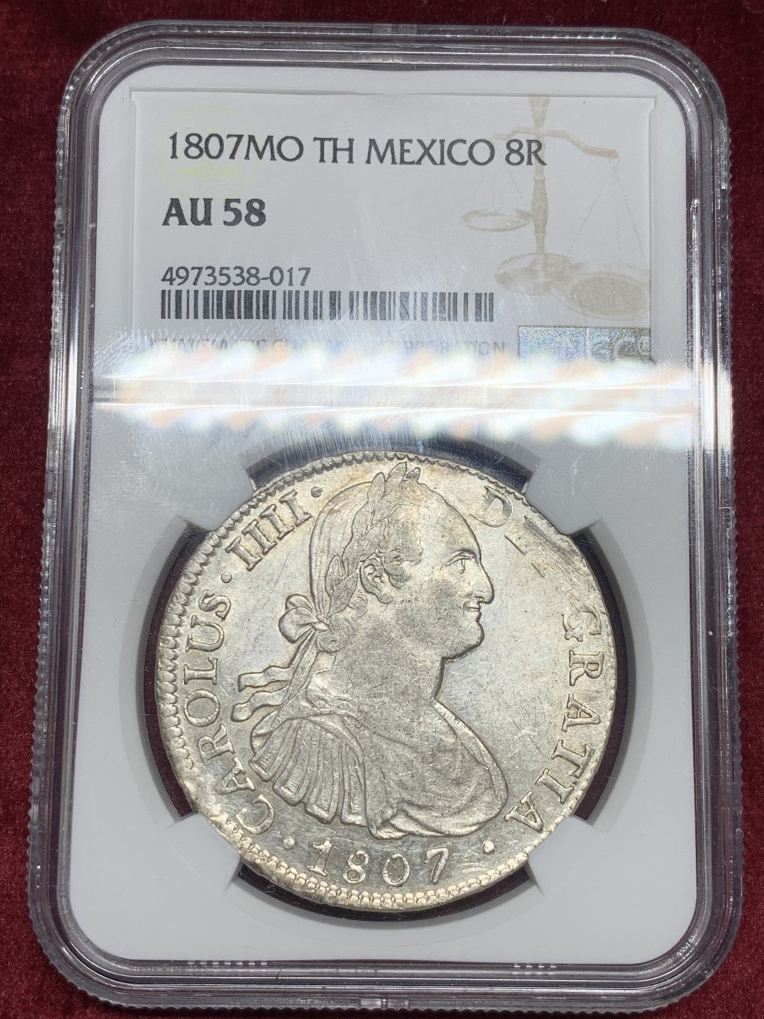 《竞宝斋》第59场-本周日，周一2场连拍（全场不限金额包邮） NGC-AU58 墨西哥双柱 卡洛斯四世 1807 8里亚尔 原味包浆 细节不错 外拍热门